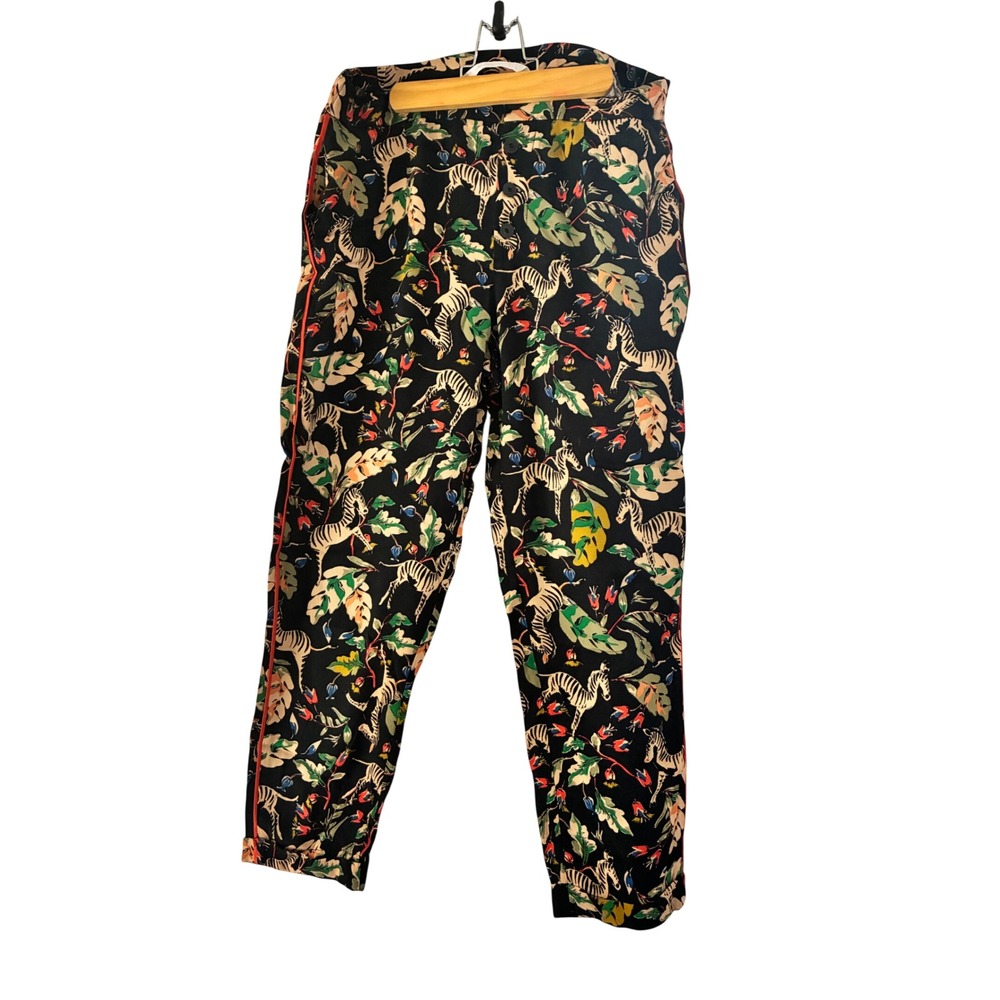 Zara Trafaluc Zebra Tropical Print Tapered Pants Orange Piping Black Small